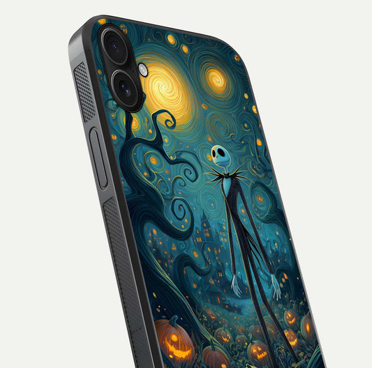 Pumpkin Moonlight Tale Glass Case for iPhone 16 Plus close-up angled shot highlighting reflection and vibrant glow