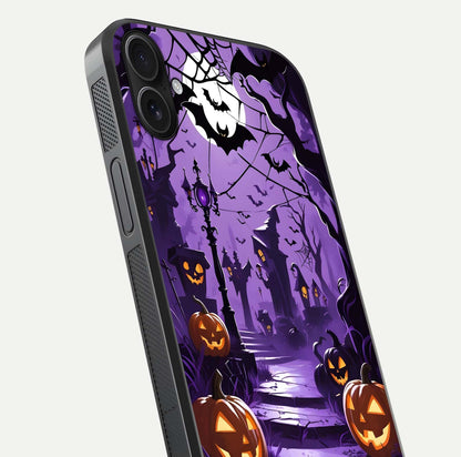Pumpkin Patch Halloween Glass Case for iPhone 16 Plus close-up angled shot highlighting pumpkin texture and shine