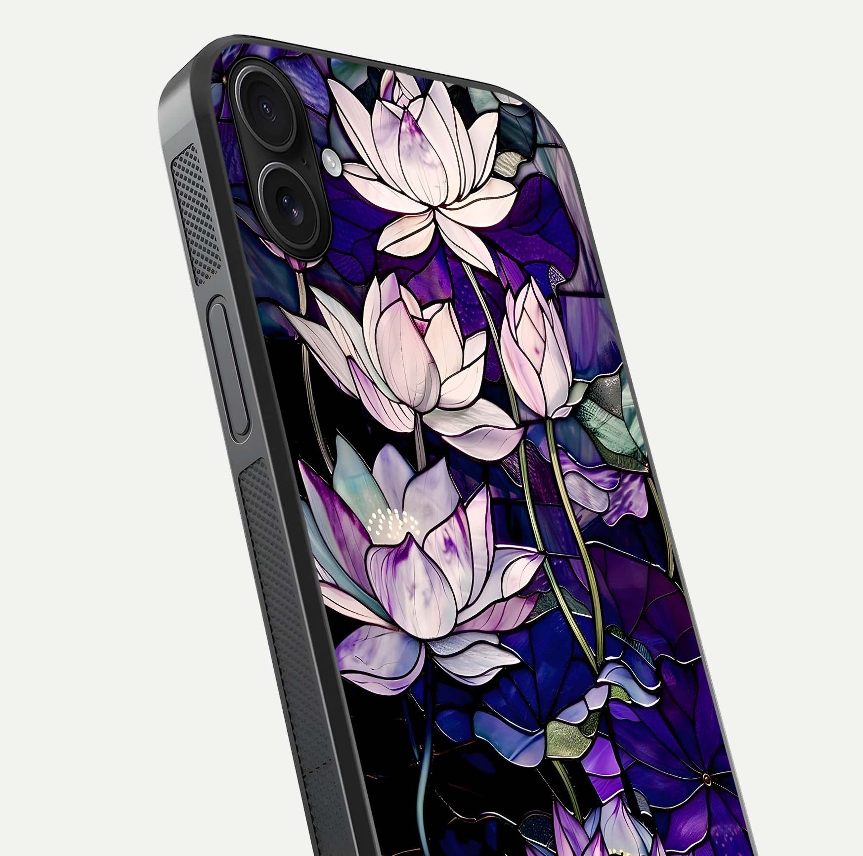 Purple Lotus Pattern Glass Case for iPhone 16 Plus close-up angled shot showing petal texture and HD reflection