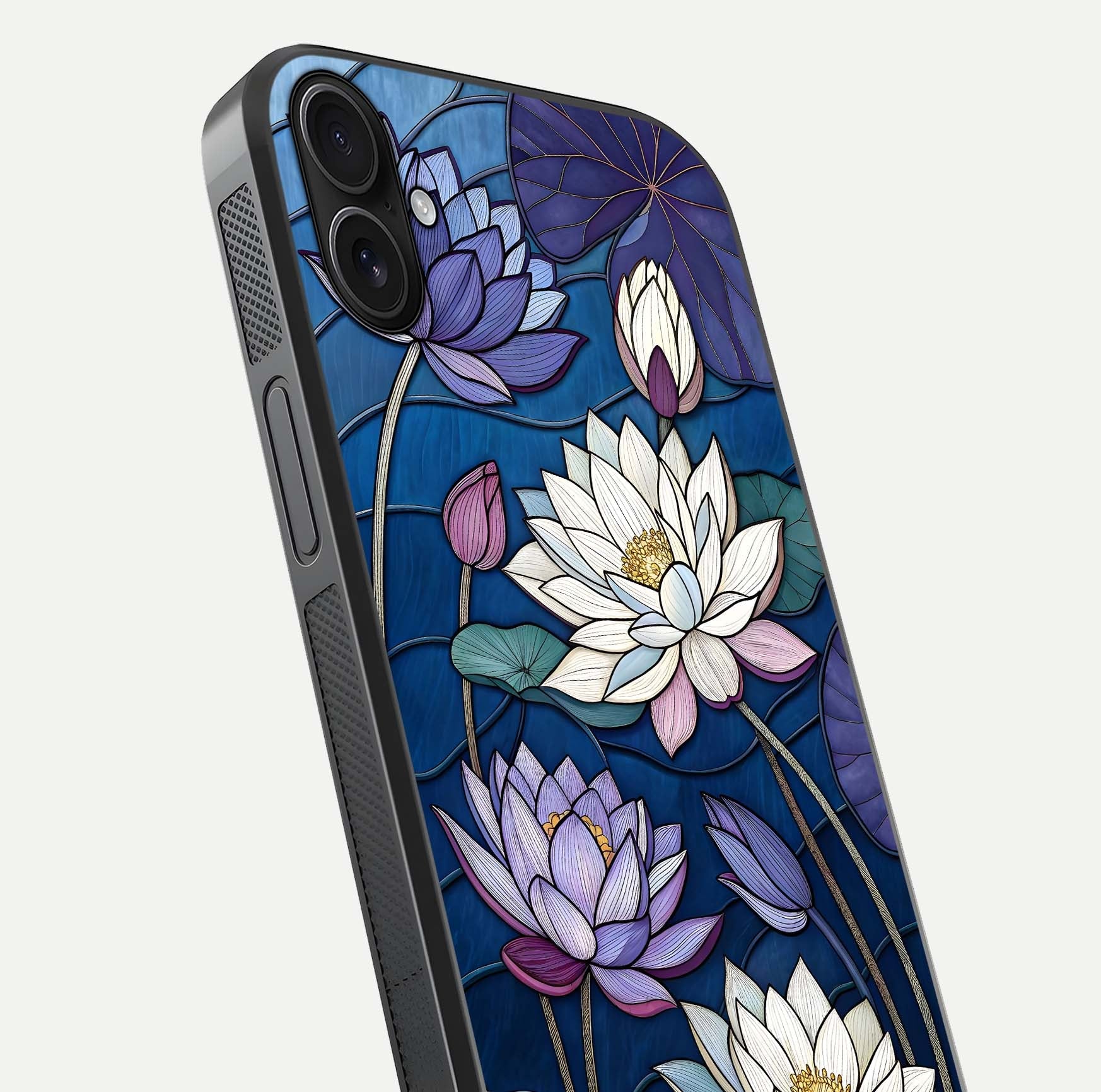Purple Lotus Stained Glass Case for iPhone 16 Plus close-up angled shot highlighting glass pattern and reflection