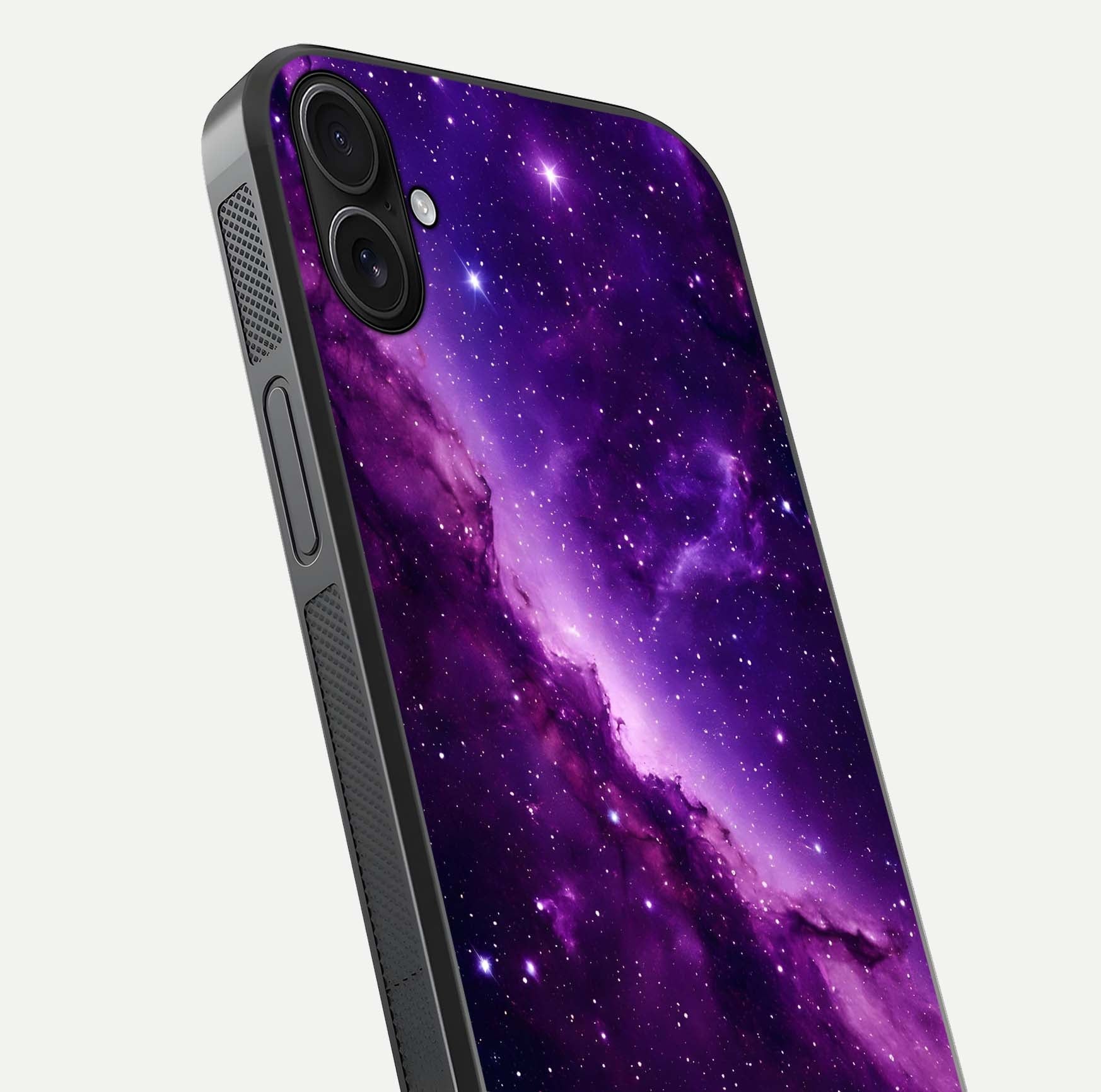 Purple Shade Sky Glass Case for iPhone 16 Plus close-up angled shot highlighting color gradient and reflection
