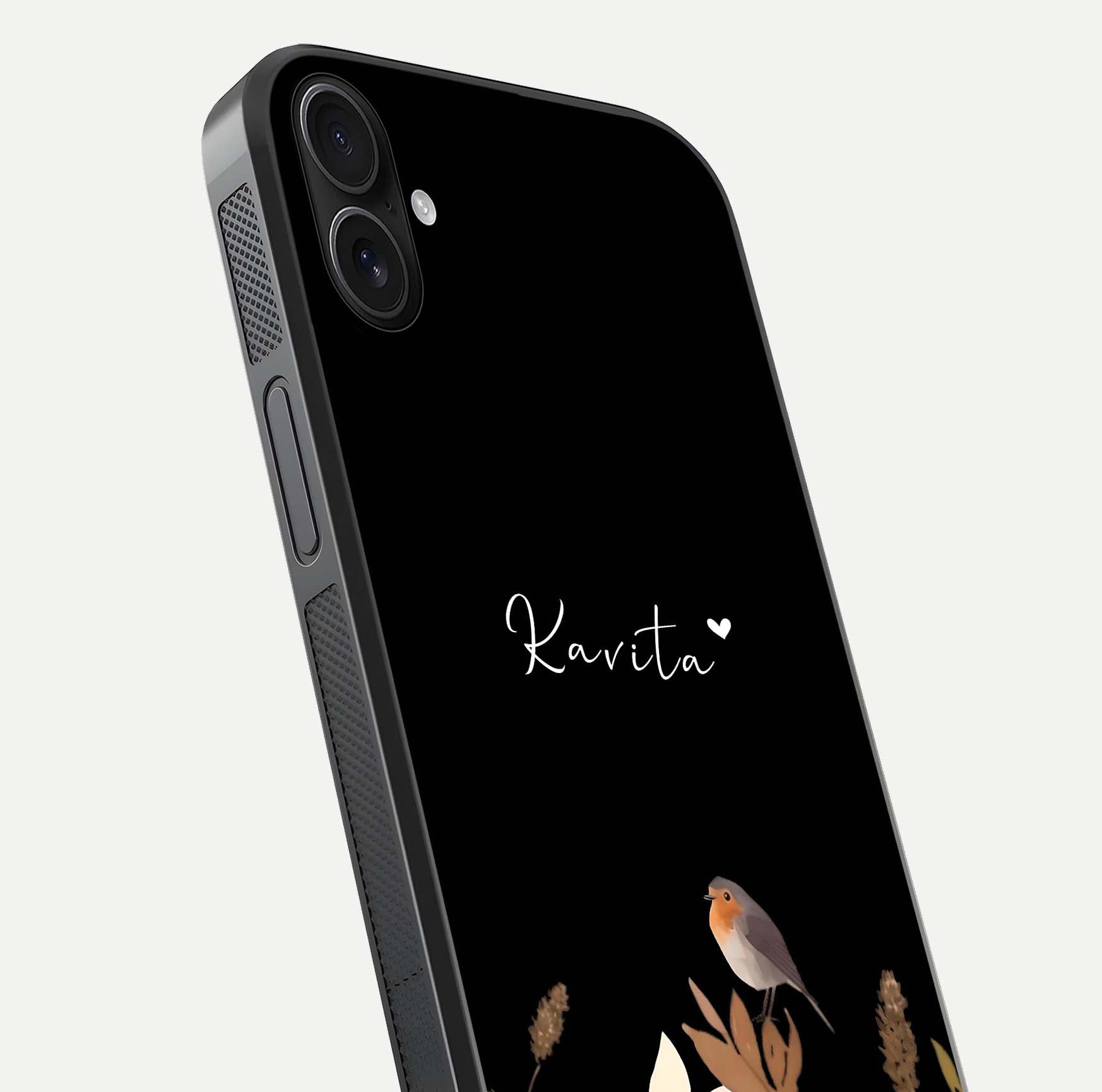 Quiet Garden Tune Custom Name Glass Case for iPhone 16 Plus close-up angled shot showing soft tones and gloss reflection