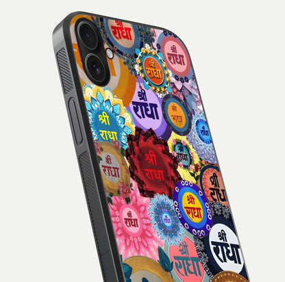 Radha Divine Bloom Glass Case for iPhone 16 Plus close-up angled shot highlighting divine detailing and shine