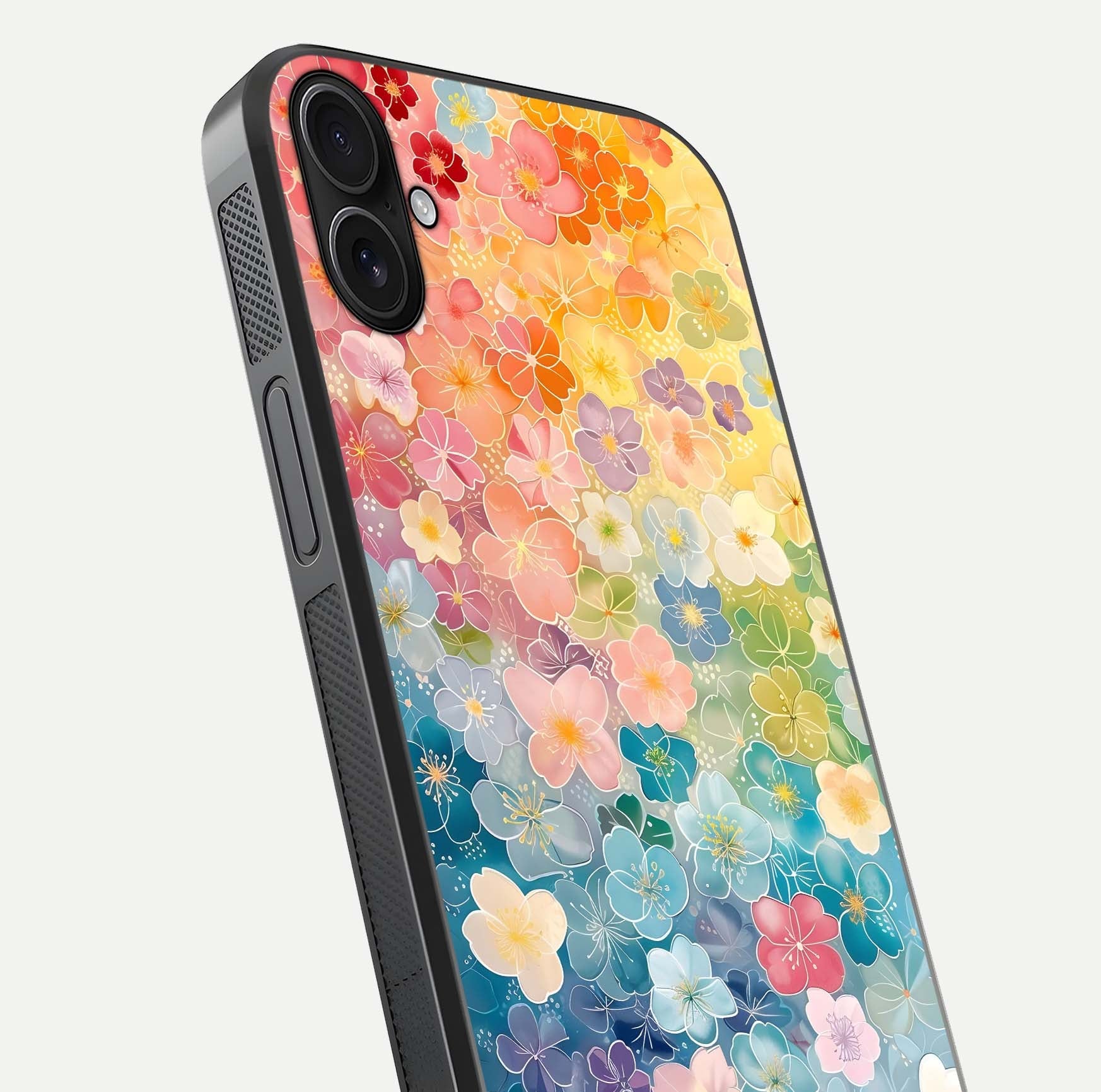 Rainbow Blossom Burst Glass Case for iPhone 16 Plus close-up angled shot showing petal colors and reflection