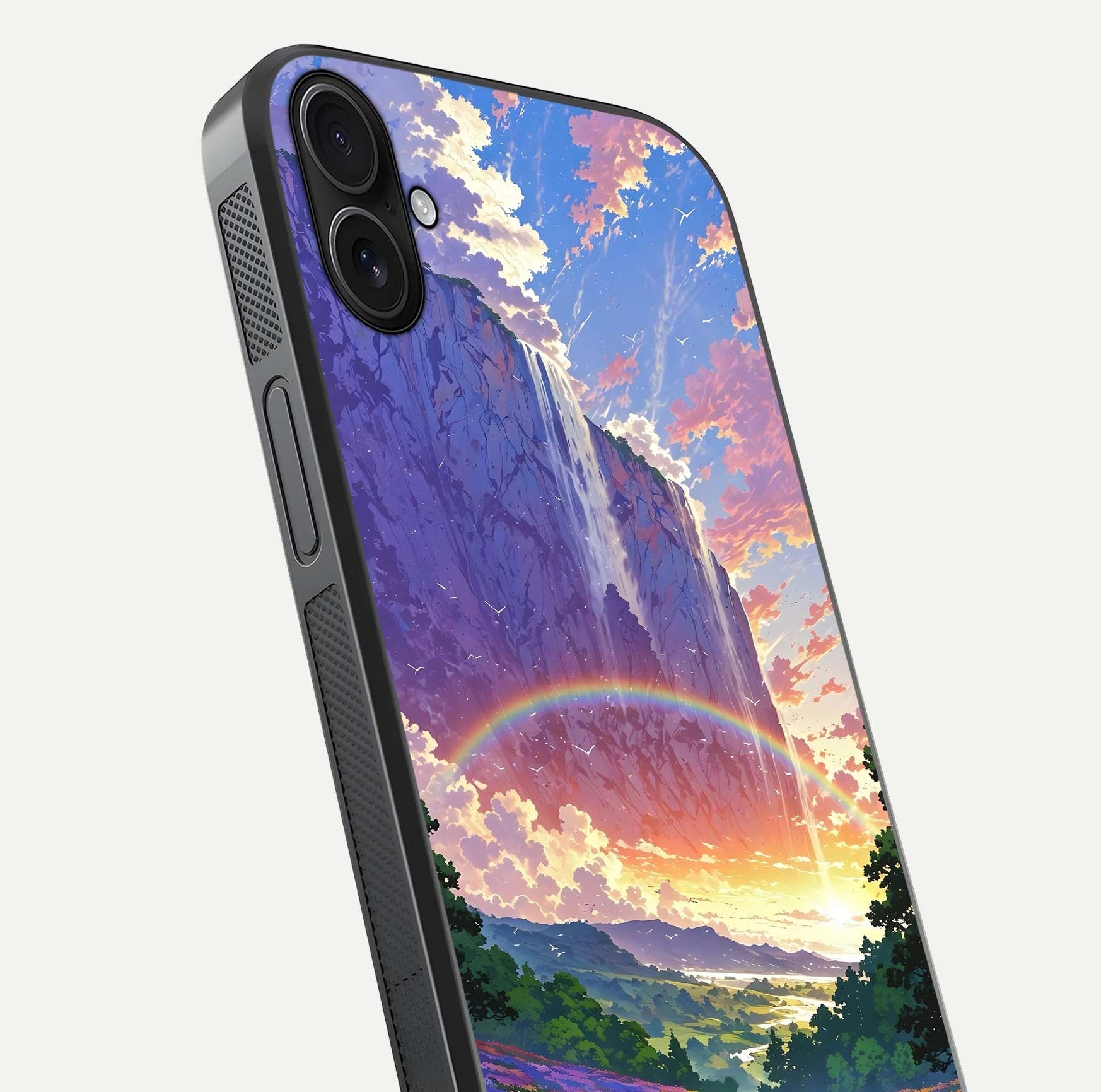 Rainbow Valley Dream Glass Case for iPhone 16 Plus close-up angled shot highlighting gradient tones and HD shine