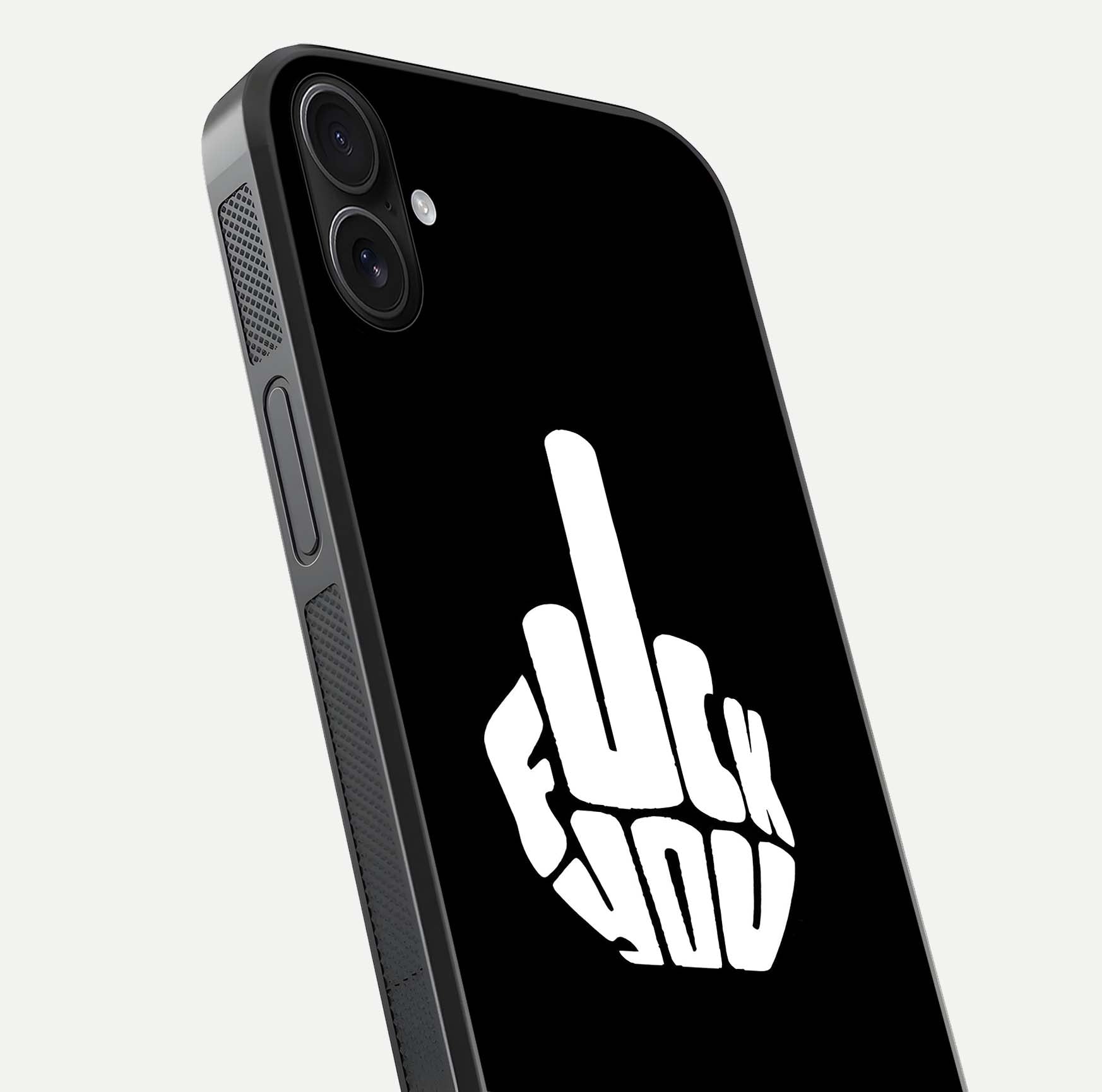 Rebel Mode On Glass Case for iPhone 16 Plus close-up angled shot highlighting reflective text and sharp design