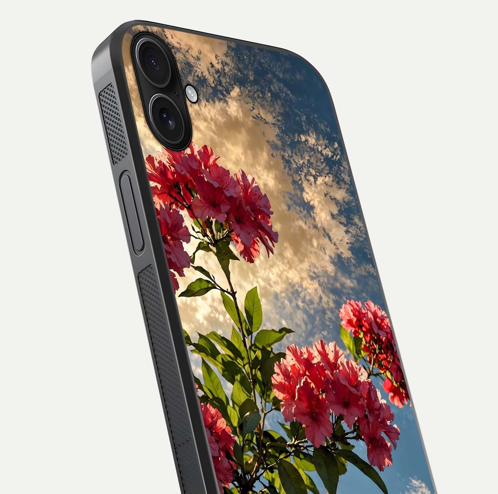 Red Bloom Skies Glass Case for iPhone 16 Plus close-up angled shot highlighting detailed blooms and reflection