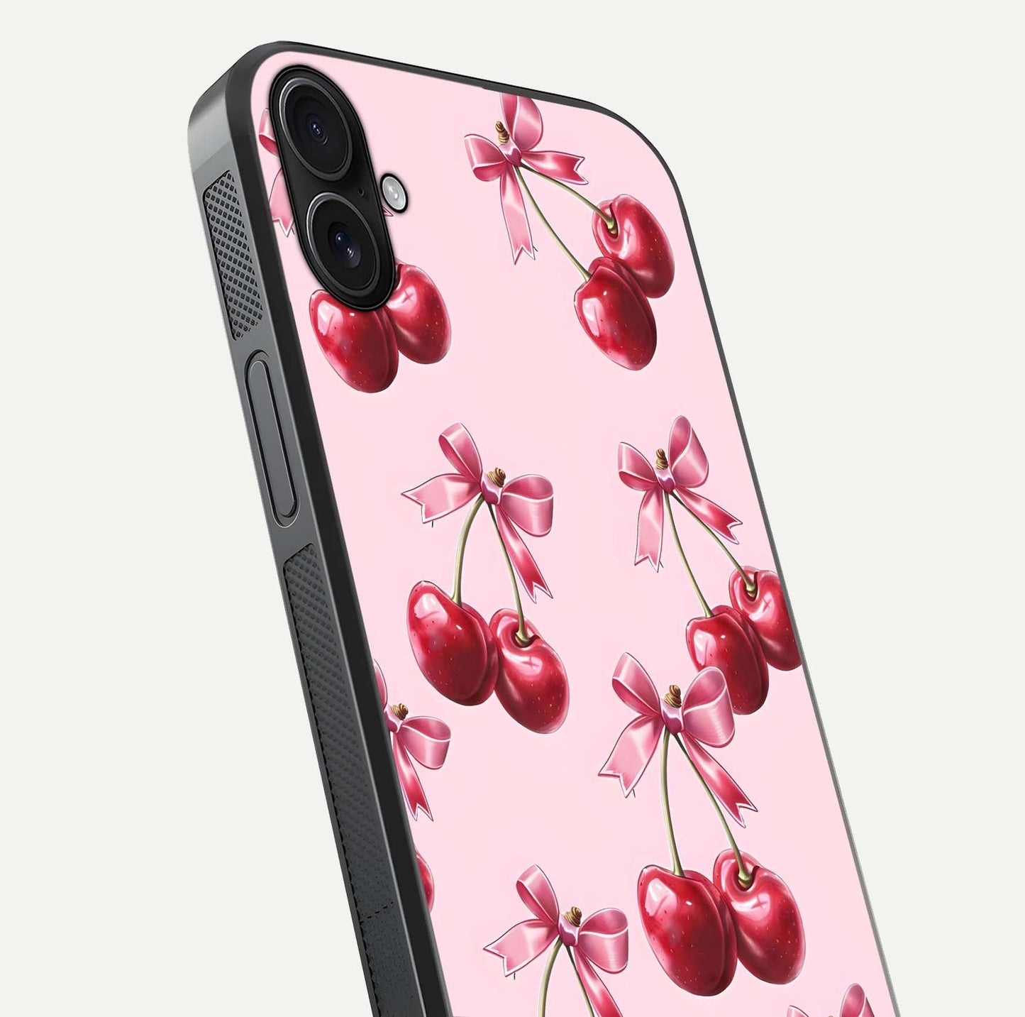 Red Cherries Pattern Glass Case for iPhone 16 Plus close-up angled shot showing cherry details and HD reflection