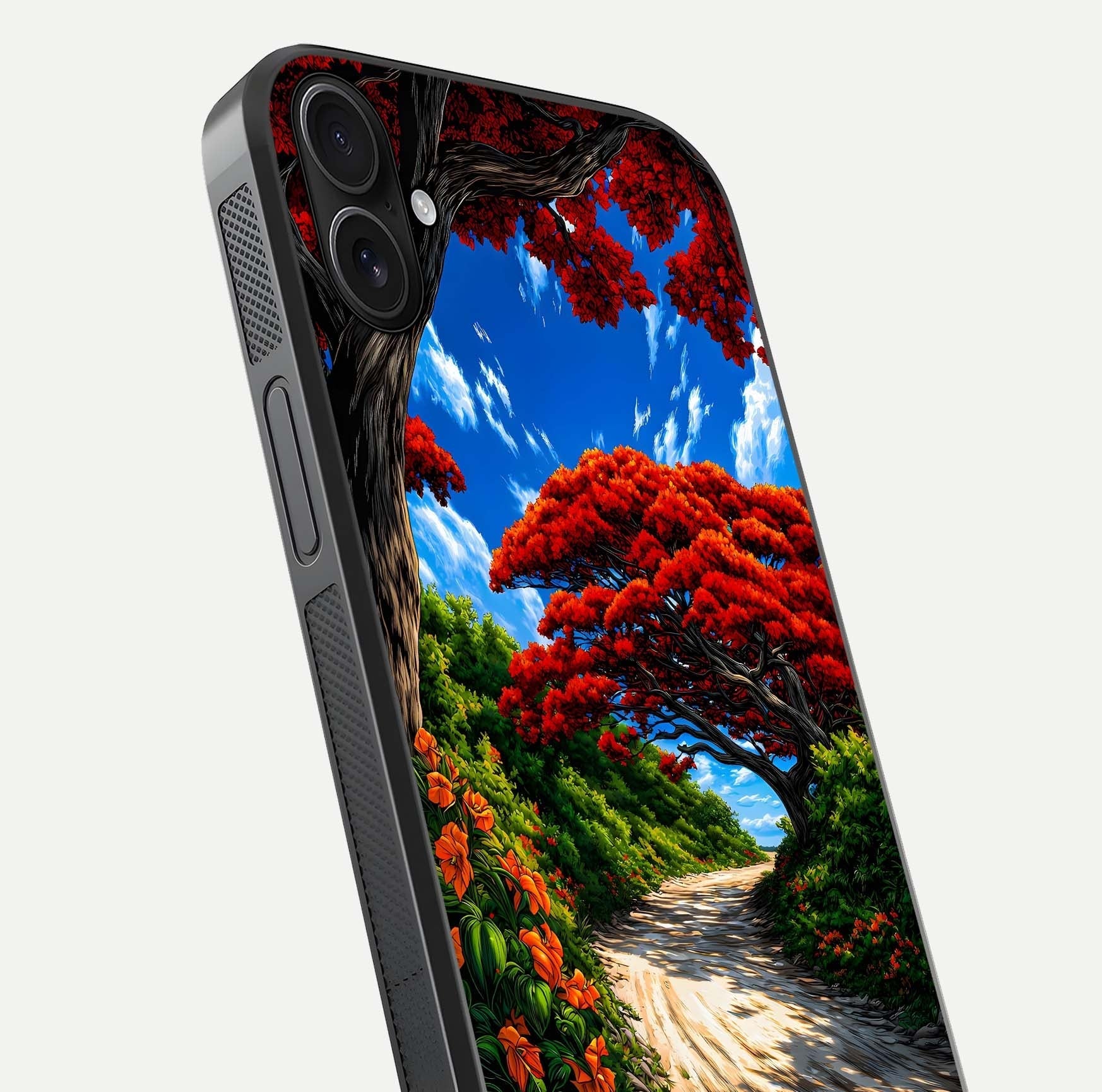 Red Trees Pathway Glass Case for iPhone 16 Plus close-up angled shot highlighting forest detail and reflection