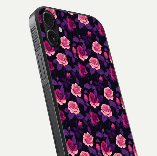 Rose Garden Twilight Glass Case for iPhone 16 Plus close-up angled shot highlighting rose contrast and reflection