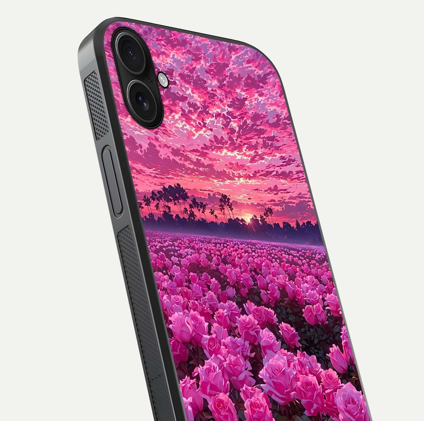 Rose Sunset Valley Glass Case for iPhone 16 Plus close-up angled shot showing rose detailing and golden hues