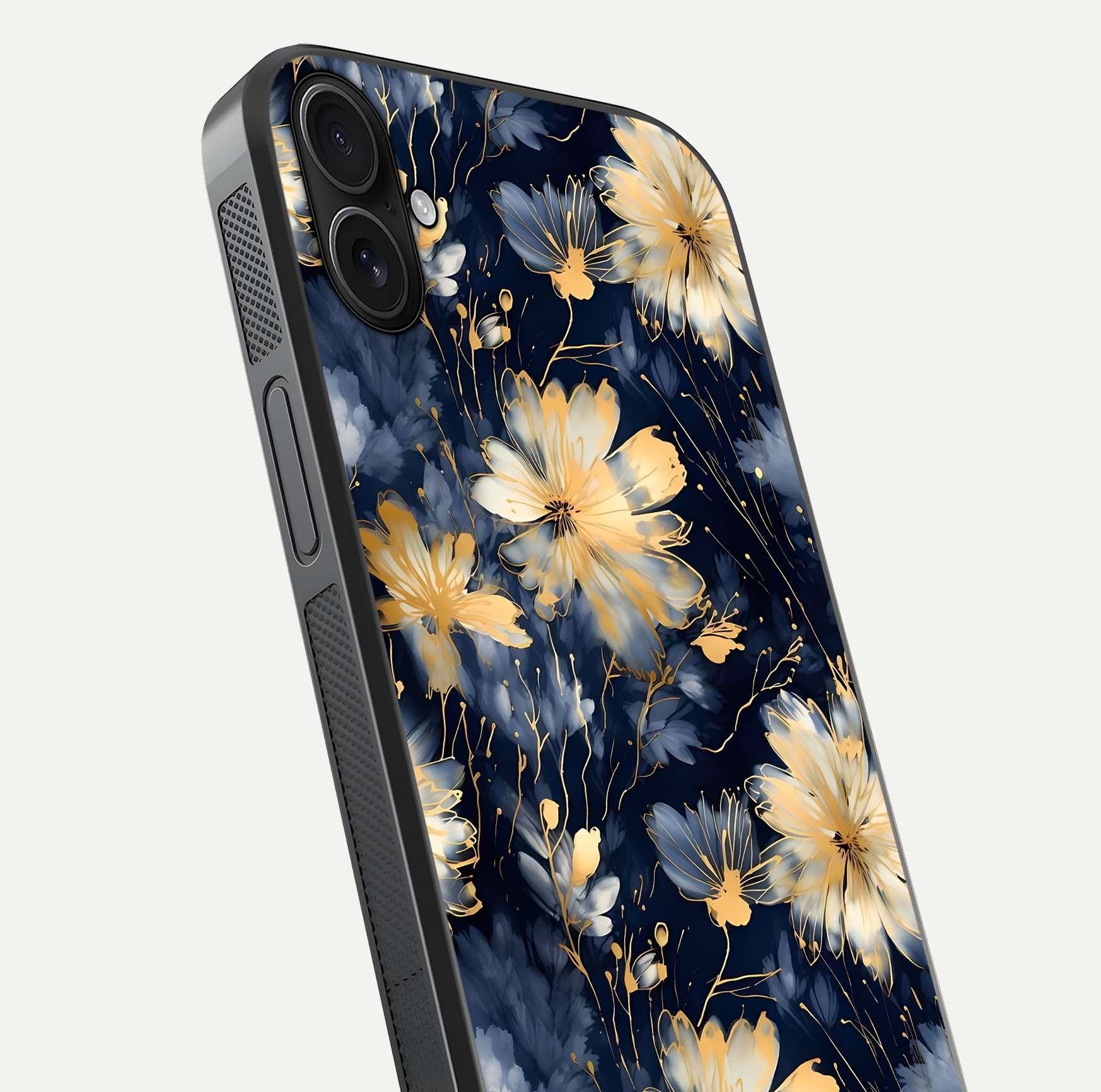 Royal Petal Dream Glass Case for iPhone 16 Plus close-up angled shot highlighting petal texture and reflection depth