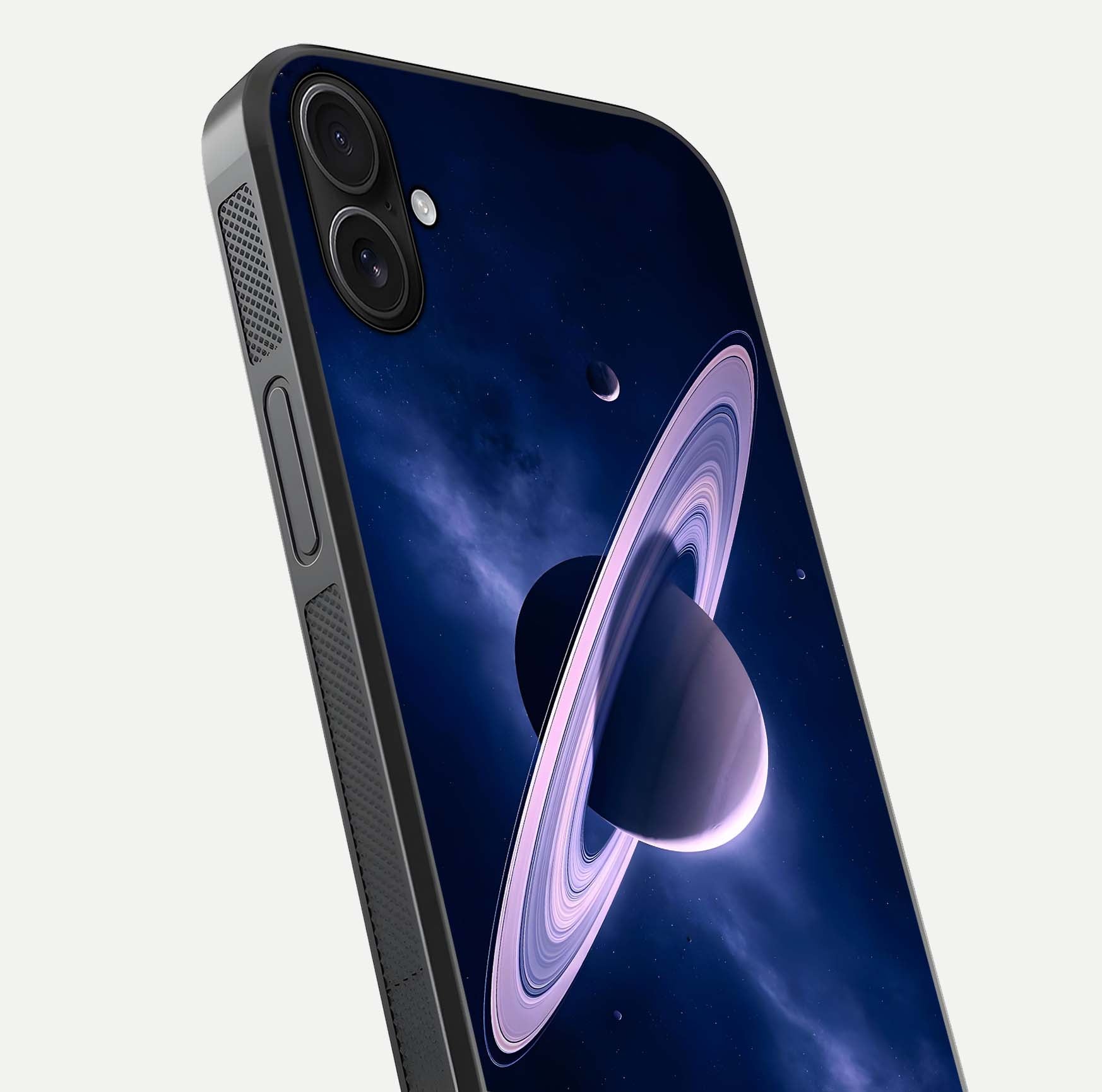 Saturn Ring Mystique Glass Case for iPhone 16 Plus close-up angled shot highlighting ring detail and HD reflection