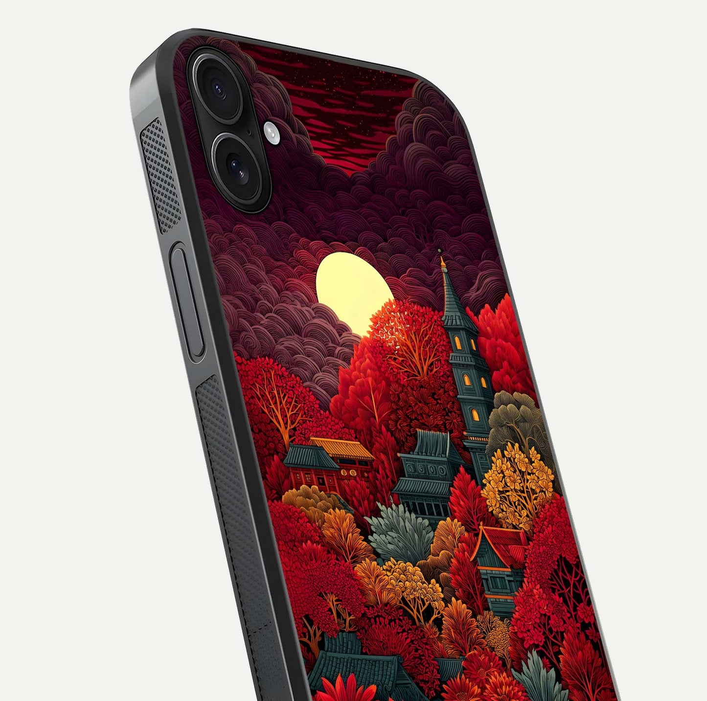 Scarlet Autumn Temple Glass Case for iPhone 16 Plus close-up angled shot highlighting golden leaves and reflection