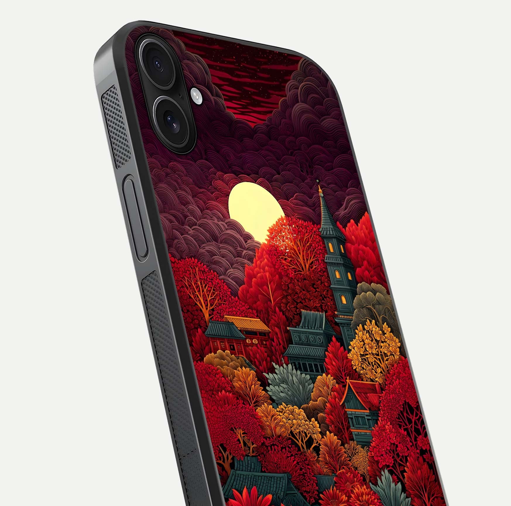 Scarlet Autumn Temple Glass Case for iPhone 16 Plus close-up angled shot highlighting golden leaves and reflection