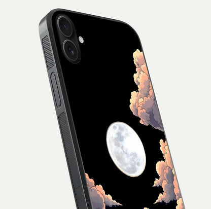 Shade Cloud Moon Glass Case for iPhone 16 Plus close-up angled shot highlighting moon reflection and depth