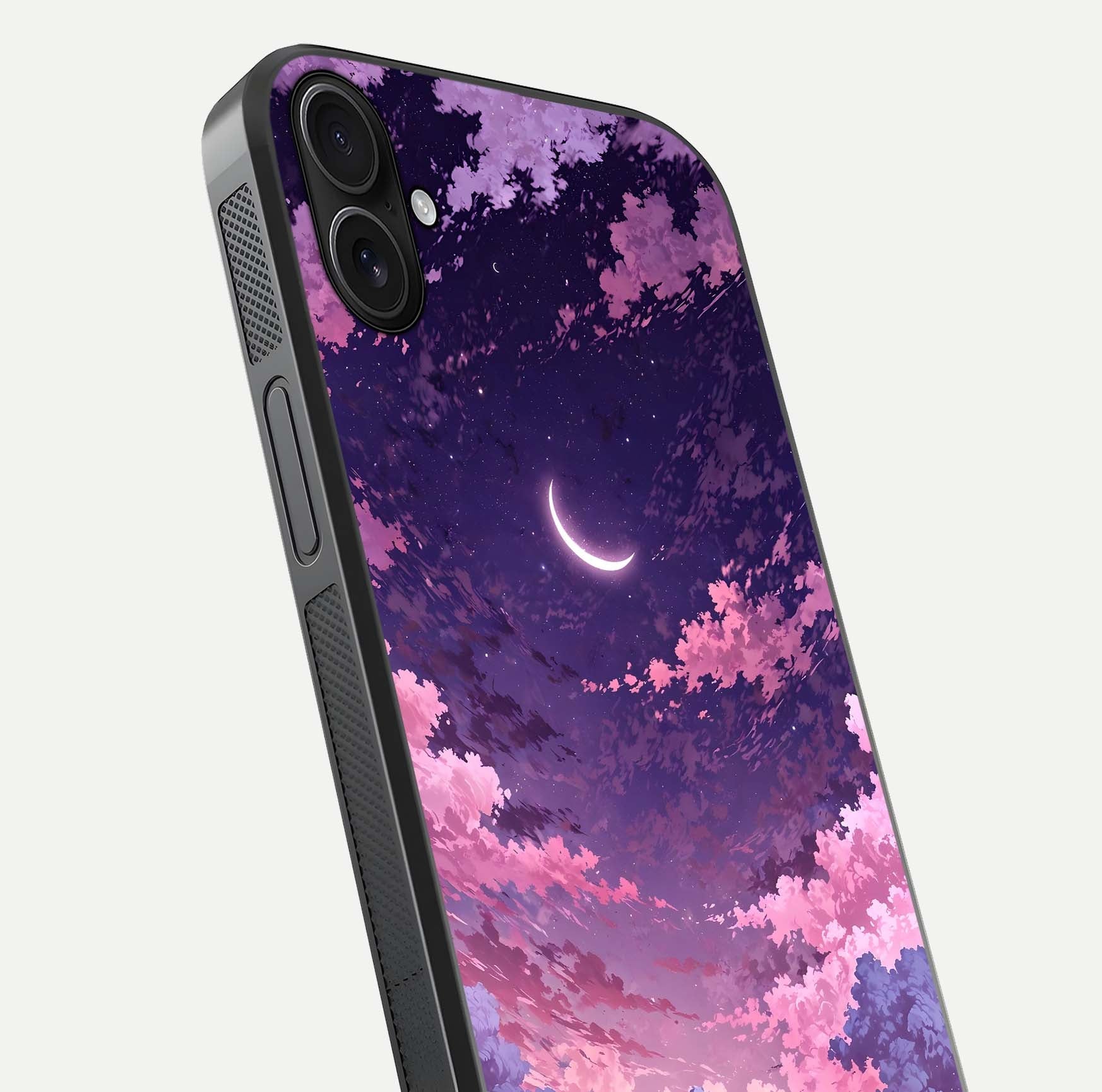 Sky Drift Clouds Glass Case for iPhone 16 Plus close-up angled shot highlighting cloud texture and reflection