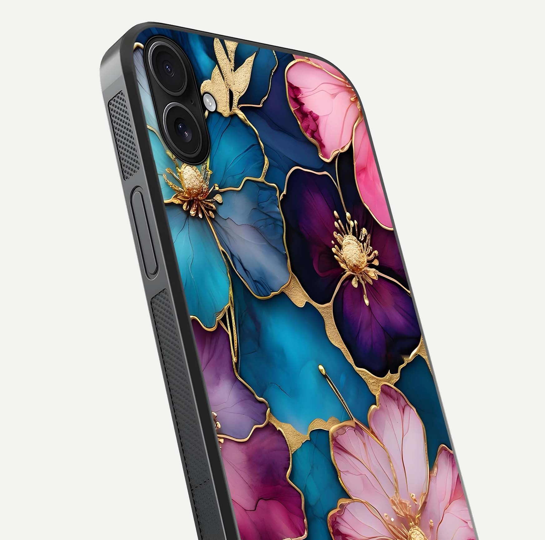 Sparkle Floral Glass Case for iPhone 16 Plus close-up angled shot highlighting shimmer details and reflection