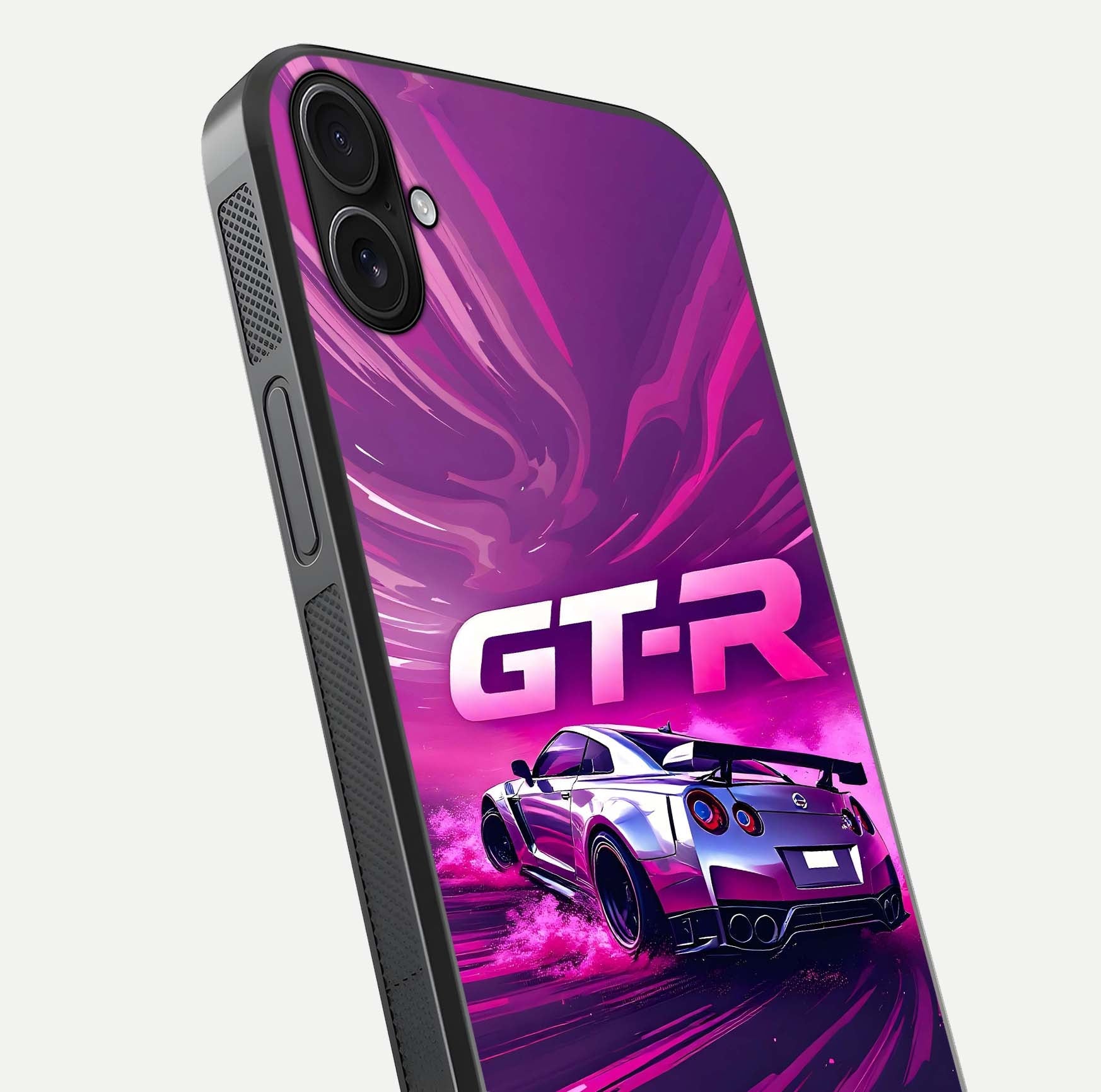 Speed Drift Legend Glass Case for iPhone 16 Plus close-up angled shot highlighting speed lines and reflection