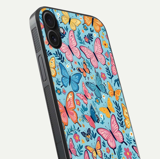 Spring Wing Garden Glass Case for iPhone 16 Plus close-up angled shot highlighting petal details and reflection