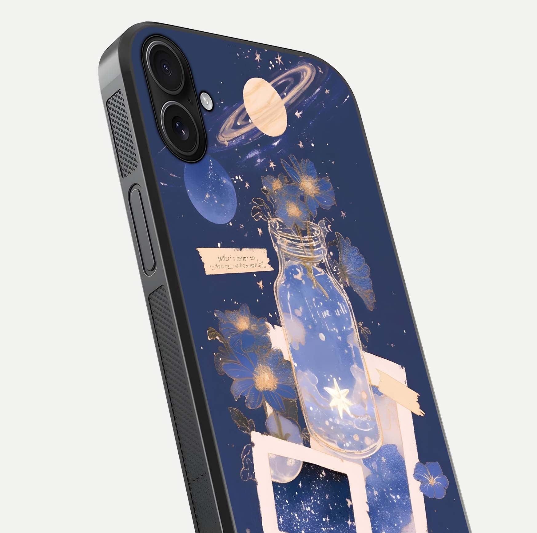 Starlit Cosmic Jar Glass Case for iPhone 16 Plus close-up angled shot highlighting stars, reflections, and HD shine