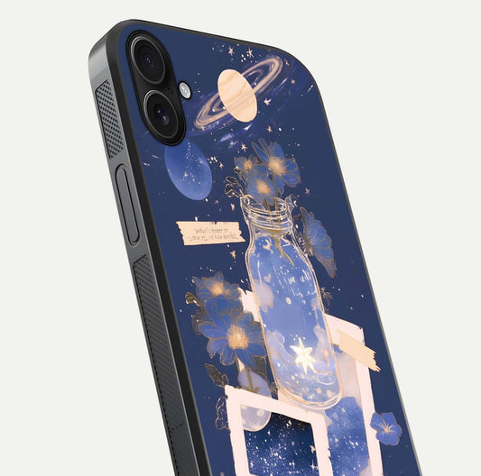 Starlit Cosmic Jar Glass Case for iPhone 16 Plus close-up angled shot highlighting stars, reflections, and HD shine