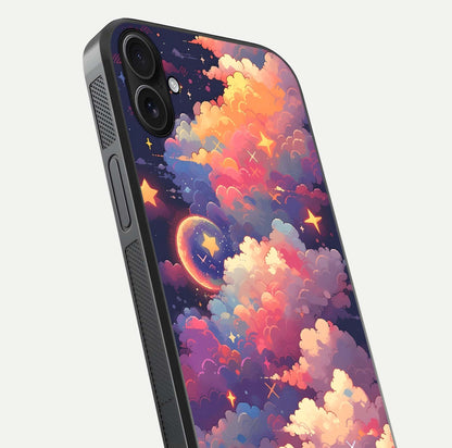 Starlit Dream Clouds Glass Case for iPhone 16 Plus close-up angled shot highlighting cloud texture and reflection