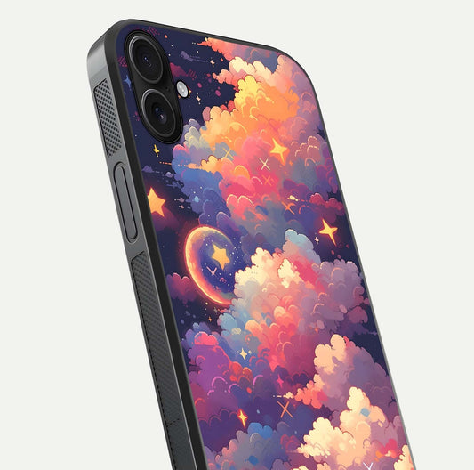 Starlit Dream Clouds Glass Case for iPhone 16 Plus close-up angled shot highlighting cloud texture and reflection