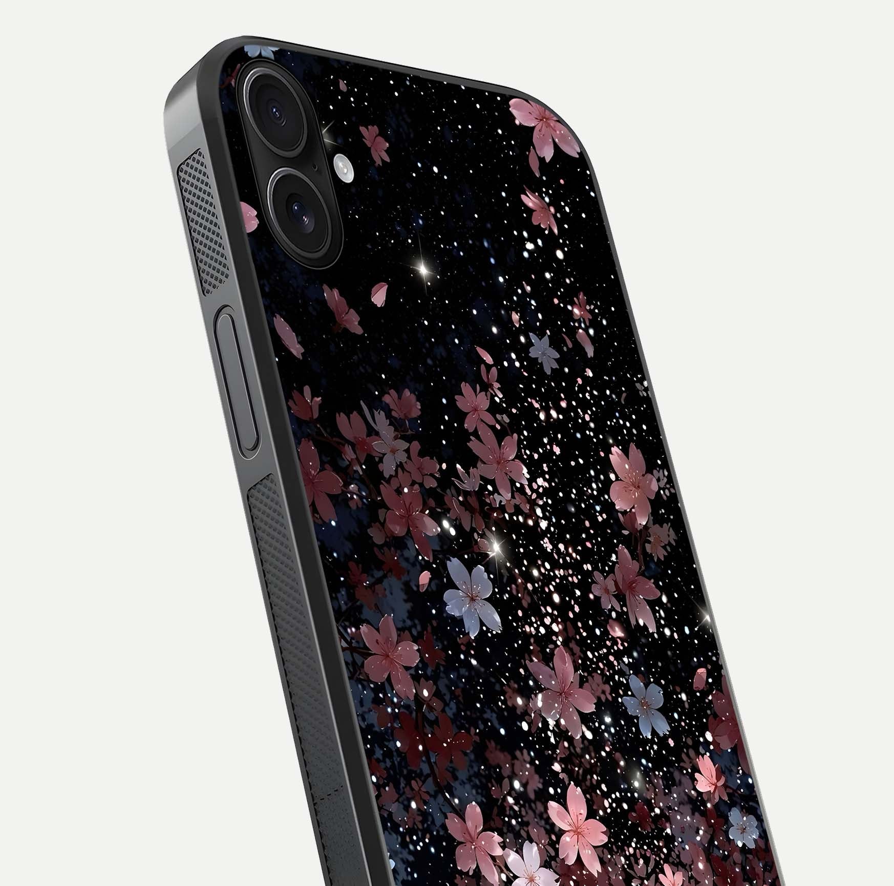 Starlit Flower Dreams Glass Case for iPhone 16 Plus close-up angled shot highlighting petal reflection and HD depth