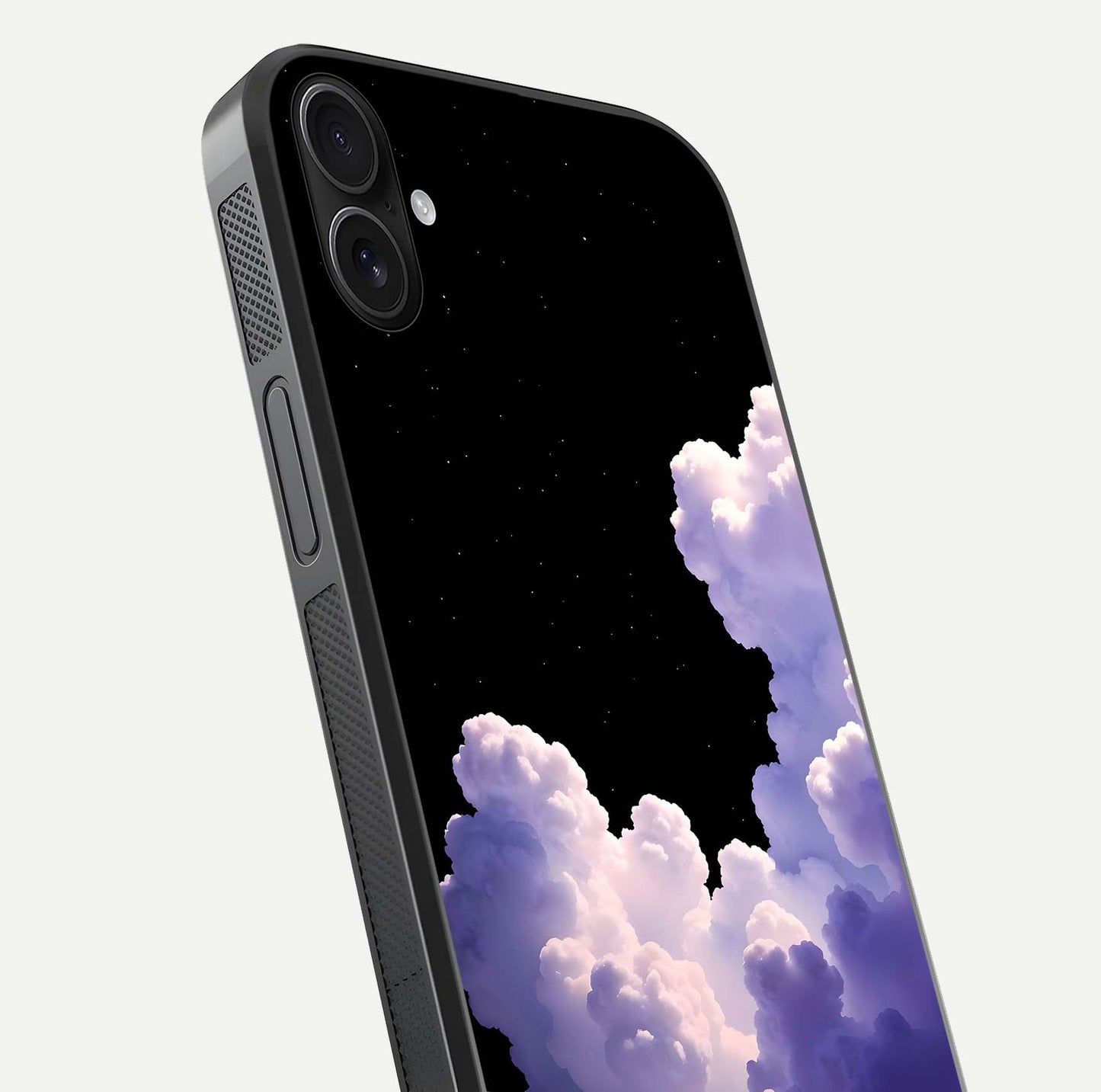 Starlit Night Whispers Glass Case for iPhone 16 Plus close-up angled shot highlighting stars and reflection