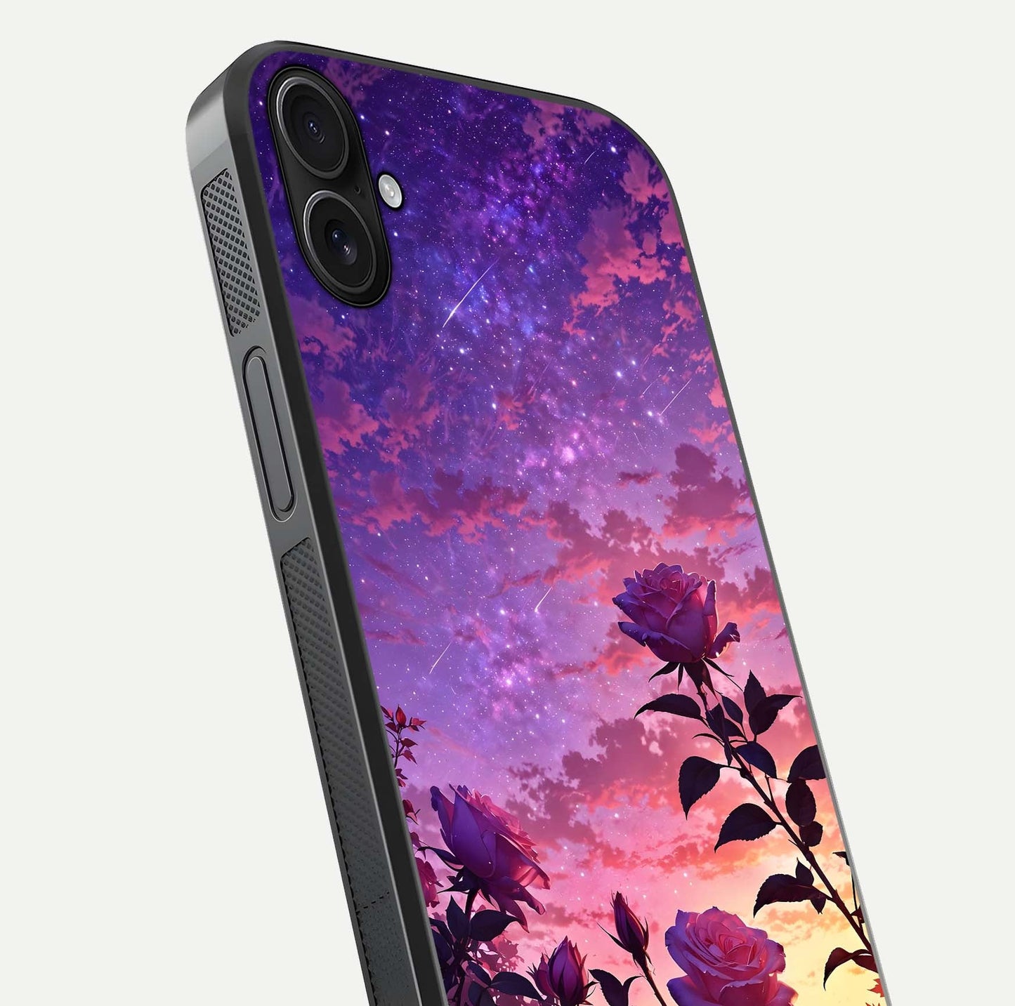 Starlit Rose Twilight Glass Case for iPhone 16 Plus close-up angled shot highlighting rose detail and reflection