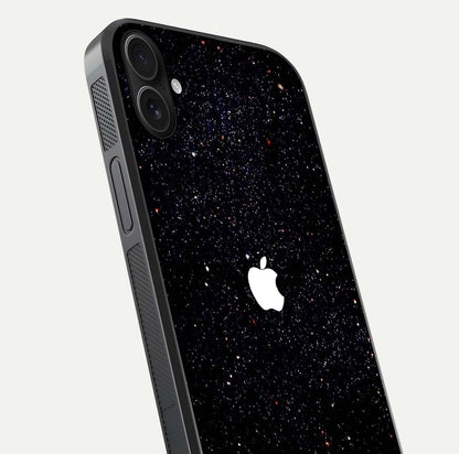Starry Apple Galaxy Glass Case for iPhone 16 Plus close-up angled shot highlighting star details and gloss