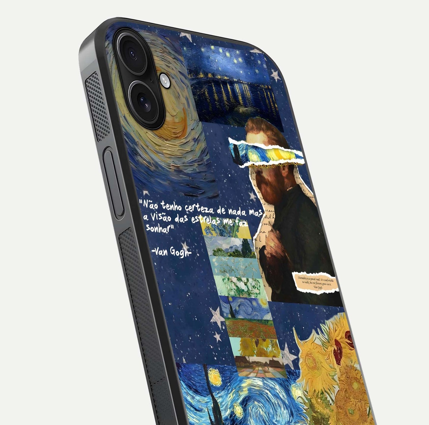 Starry Dream Vision Glass Case for iPhone 16 Plus close-up angled shot highlighting cosmic light and reflection