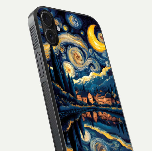 Starry Sky Serenity Glass Case for iPhone 16 Plus close-up angled shot highlighting light reflection and blue hues
