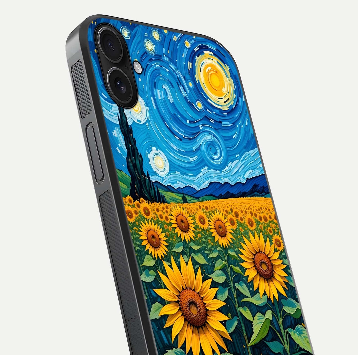 Starry Sunflower Dreams Glass Case for iPhone 16 Plus close-up angled shot highlighting petal texture and gloss
