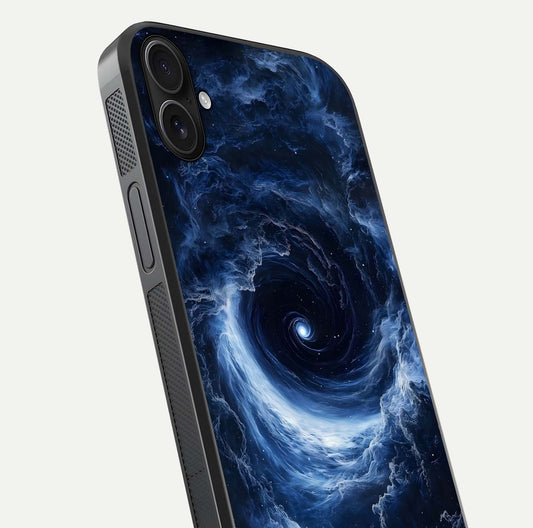 Stunning Galaxy Glass Case for iPhone 16 Plus close-up angled shot highlighting nebula tones and HD reflection