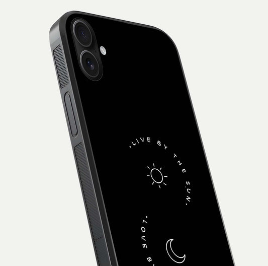 Sun Moon Balance Glass Case for iPhone 16 Plus close-up angled shot highlighting cosmic art and HD reflection