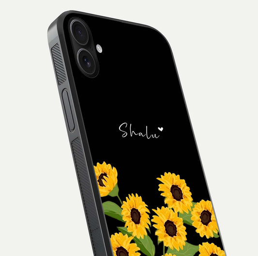 Sunflower Chic Mood Custom Name Glass Case for iPhone 16 Plus close-up angled shot showing HD sunflower pattern