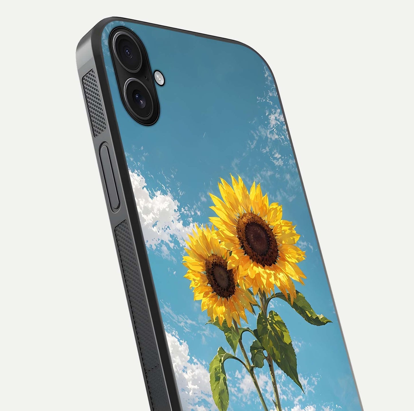 Sunflower Sky Bloom Glass Case for iPhone 16 Plus close-up angled shot highlighting petal details and reflection