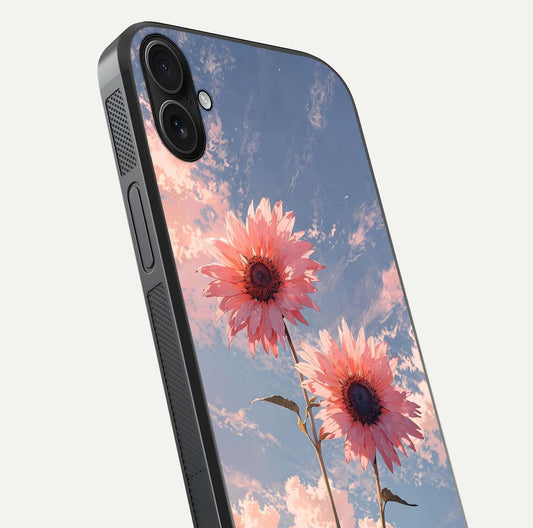 Sunlit Daisy Glow Glass Case for iPhone 16 Plus close-up angled shot highlighting petal texture and reflection
