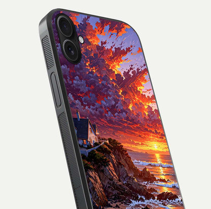 Sunset House by Sea Glass Case for iPhone 16 Plus close-up angled shot highlighting sunset tones and water glow
