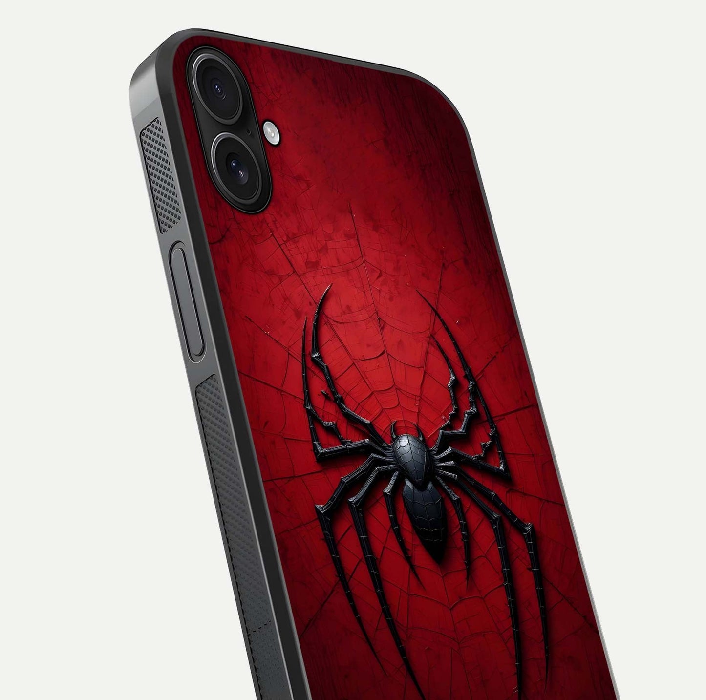 Venom Web Emblem Glass Case for iPhone 16 Plus close-up angled shot highlighting sharp logo lines and reflection