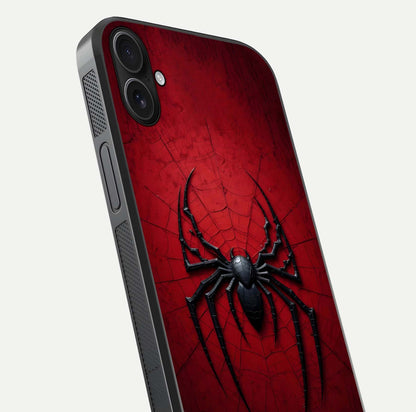 Venom Web Emblem Glass Case for iPhone 16 Plus close-up angled shot highlighting sharp logo lines and reflection