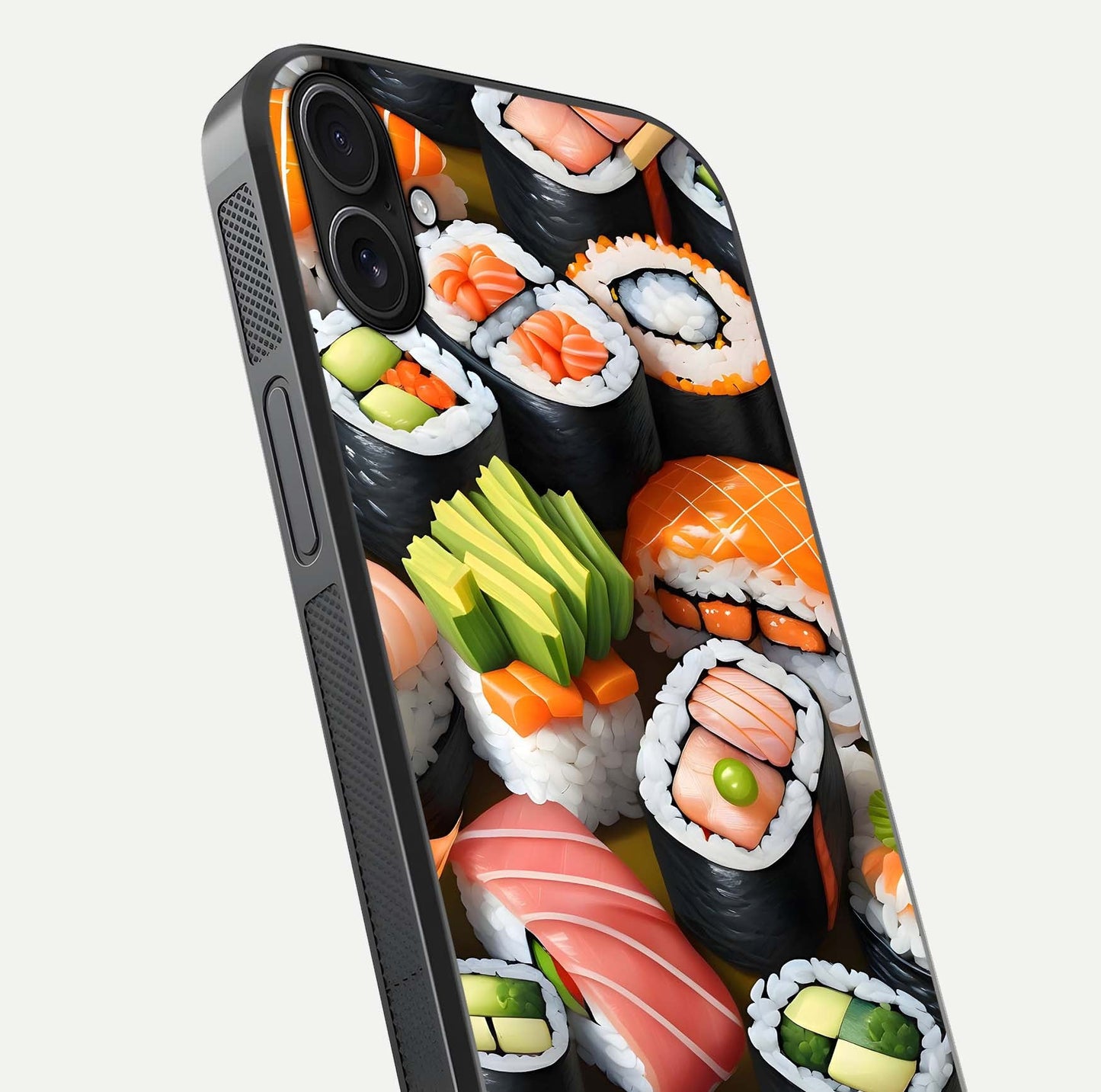 Sushi Food Pattern Glass Case for iPhone 16 Plus close-up angled shot highlighting colorful sushi prints and reflection