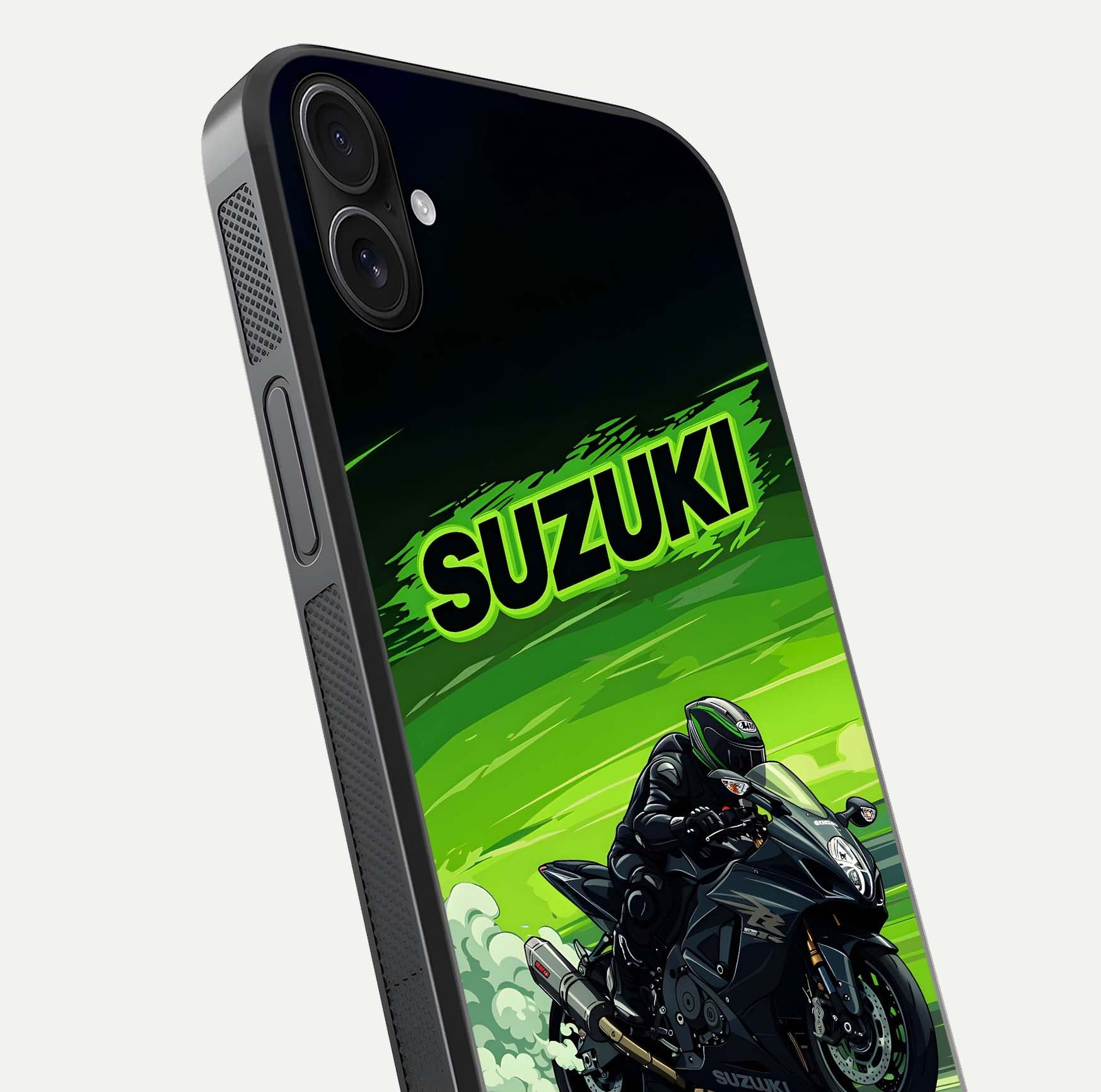 Suzuki Speed Beast Glass Case for iPhone 16 Plus close-up angled shot highlighting bold tones and reflection