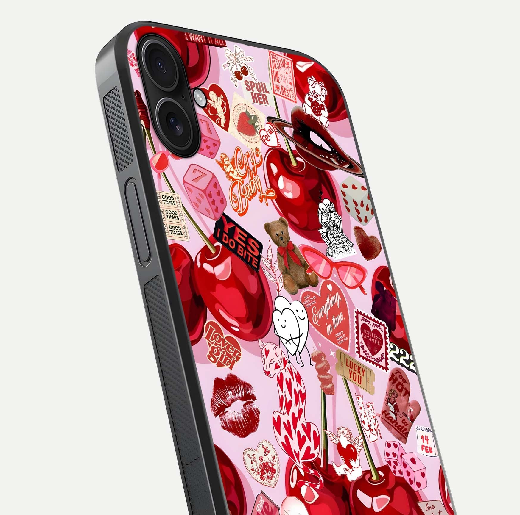 Sweet Cherry Chaos Glass Case for iPhone 16 Plus close-up angled shot highlighting red tone contrast and reflection