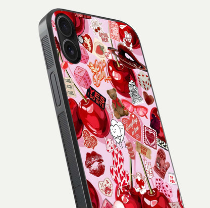 Sweet Cherry Chaos Glass Case for iPhone 16 Plus close-up angled shot highlighting red tone contrast and reflection