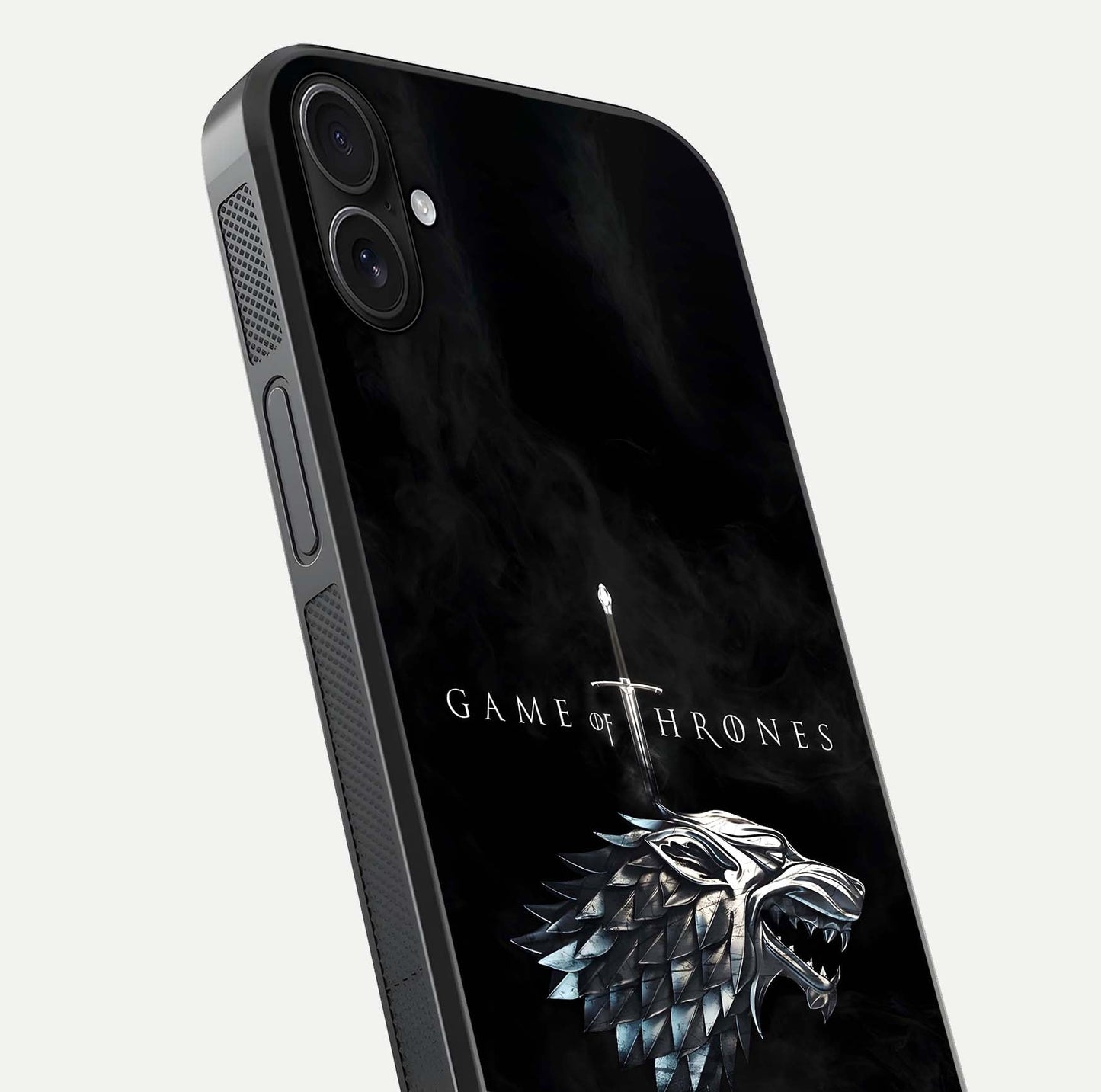 Throne Wolf Legacy Glass Case for iPhone 16 Plus close-up angled shot highlighting fur texture and reflection