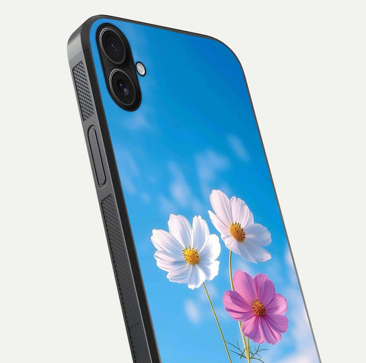 Triple Flowers With Sky Glass Case for iPhone 16 Plus close-up angled shot highlighting petal and reflection details