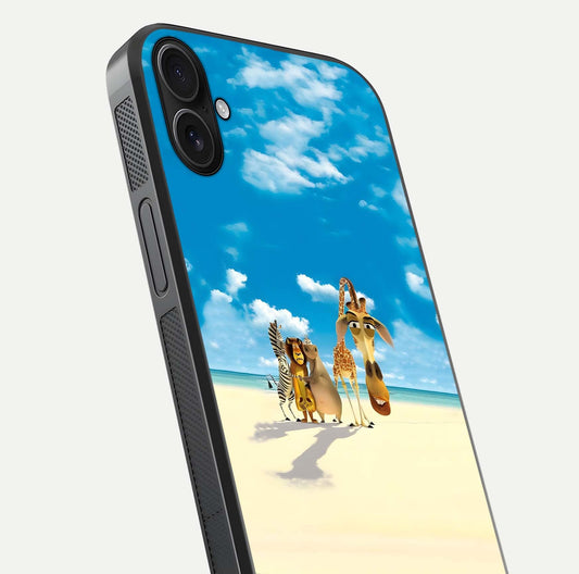 Tropical Fun Squad Glass Case for iPhone 16 Plus close-up angled shot highlighting vibrant tones and texture